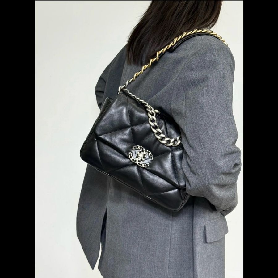 Chanel香奈兒黑銀19Bag 大菱格金剛款枕頭包 98新✨️-0