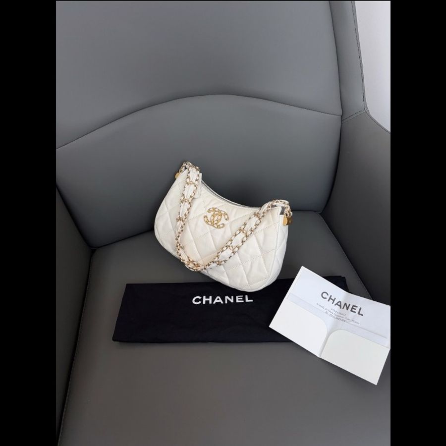 Chanel香奈兒白色金扣19bag腋下hobo大號 99新✨️-3