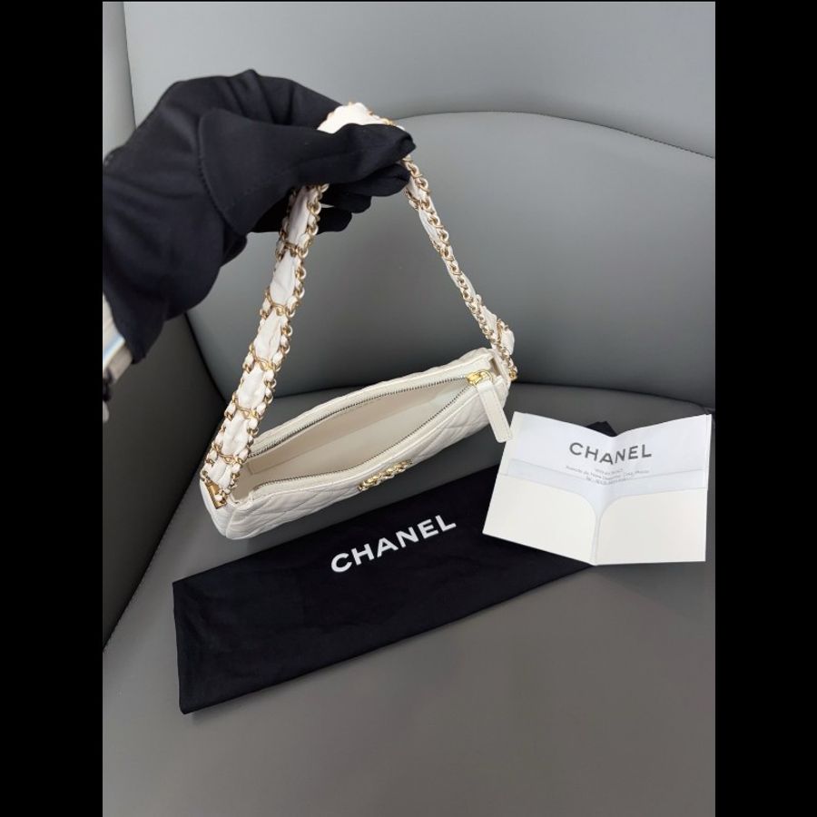 Chanel香奈兒白色金扣19bag腋下hobo大號 99新✨️-9