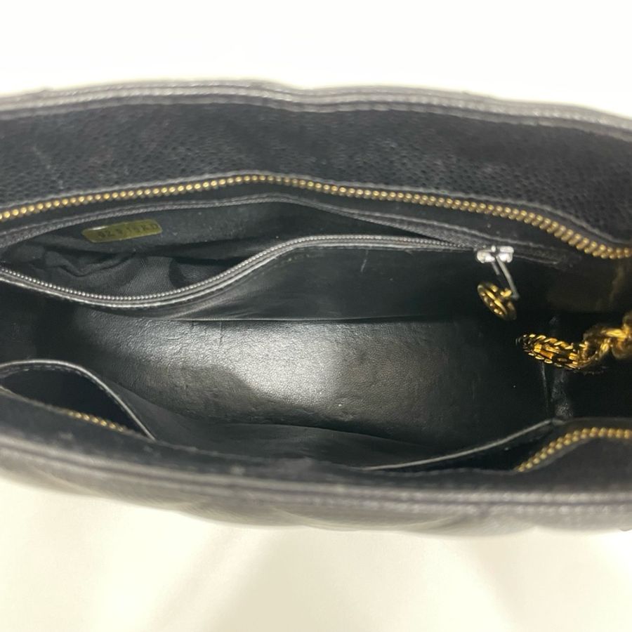 Chanel/香奈兒希爾頓 黑金荔枝牛皮手提單肩包 中古款7開有卡 尺寸:29*24*15-4