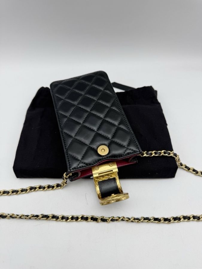 Chanel 香奈兒 黑金重工金屬按扣手機包 單肩斜挎-7