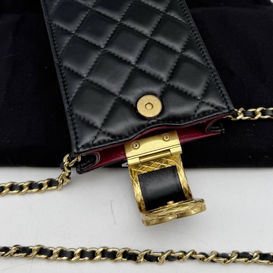 Chanel 香奈兒 黑金重工金屬按扣手機包 單肩斜挎-9