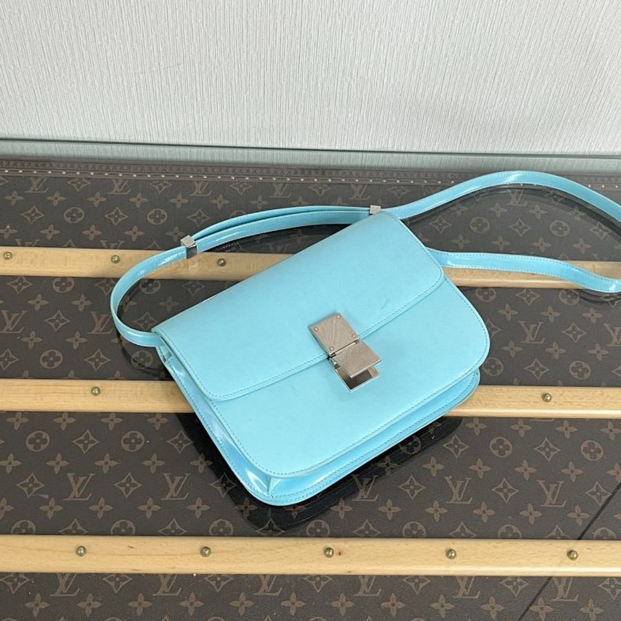 CELINE 藍色銀扣漆皮 Box中号肩背斜背包 24*19*7 98新配件塵袋-3