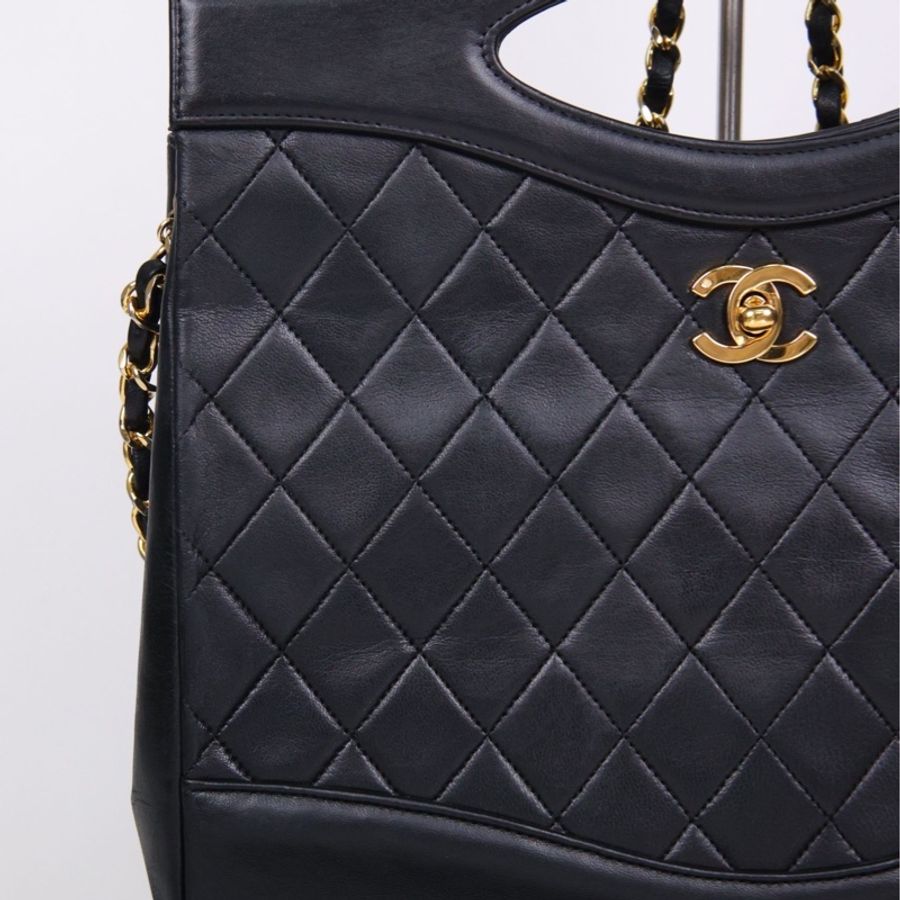 Chanel 1开黑金小羊皮菱格纹31bag单肩包-6