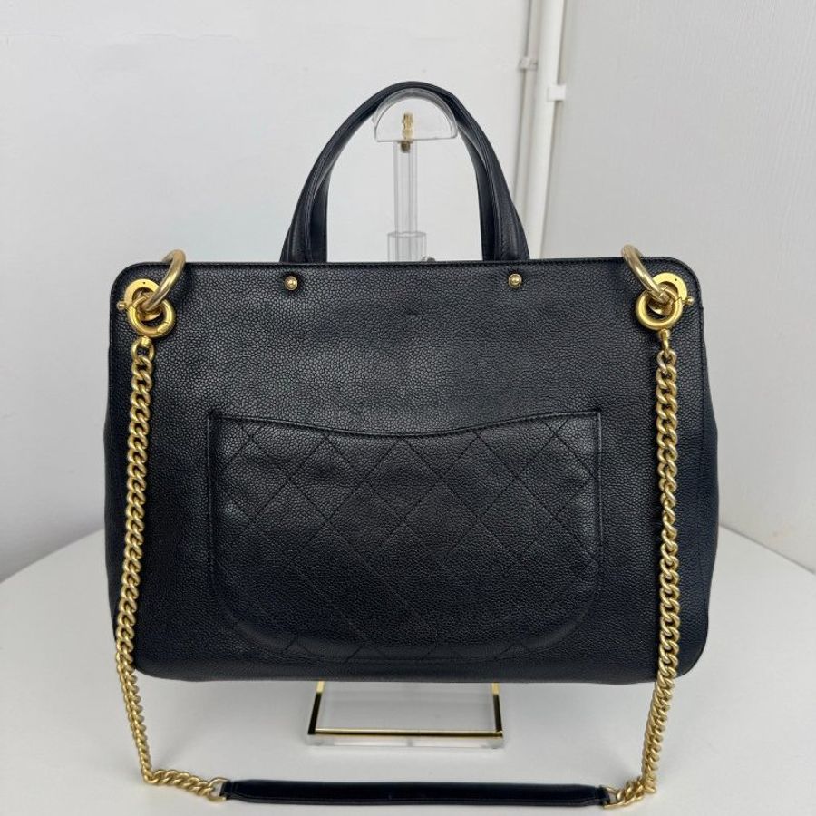 香奈兒/Chanel 黑金顆粒牛皮手提肩背包-6