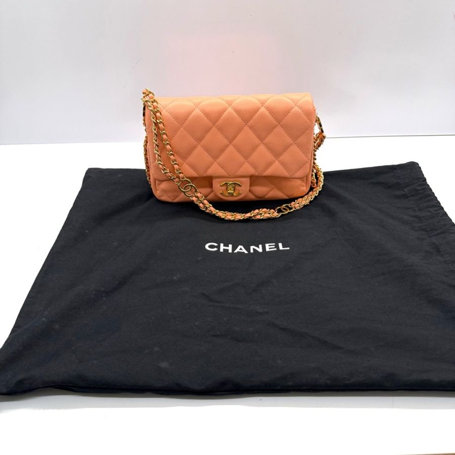 CHANEL 香奈兒 粉橘色 MATELASSE MINI 鏈條斜背包 RFID-2