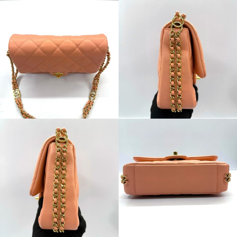 CHANEL 香奈兒 粉橘色 MATELASSE MINI 鏈條斜背包 RFID-3