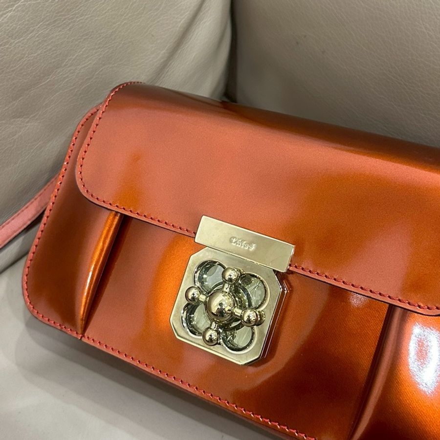 CHLOE蔻依亮金橙色金釦拼牛皮相機包挎下包🤵🏻🤵🏼♀️-15