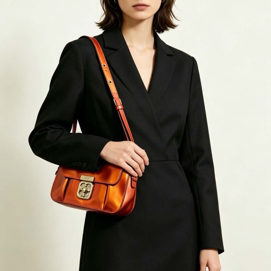 CHLOE蔻依亮金橙色金釦拼牛皮相機包挎下包🤵🏻🤵🏼♀️-4