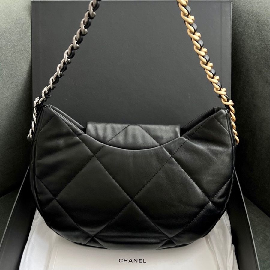 Chanel/香奈兒 24C 19bag系列hobo腋下包單肩包餃子包 黑色 雙色粗鏈條-1