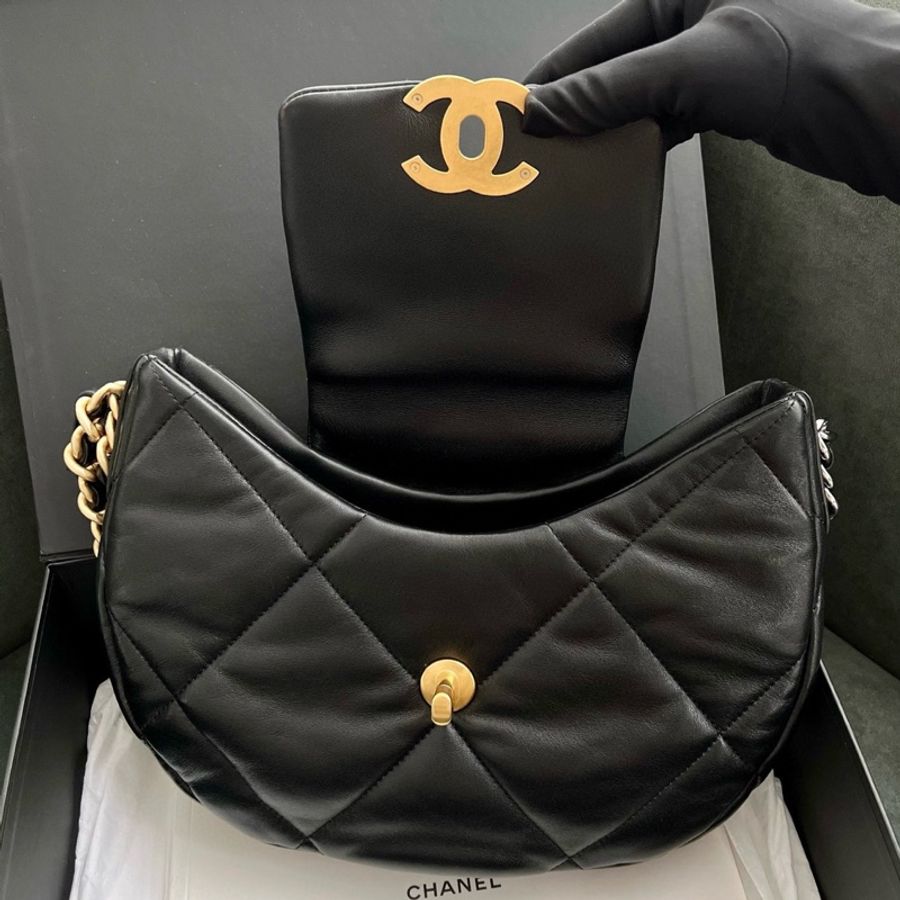 Chanel/香奈兒 24C 19bag系列hobo腋下包單肩包餃子包 黑色 雙色粗鏈條-4