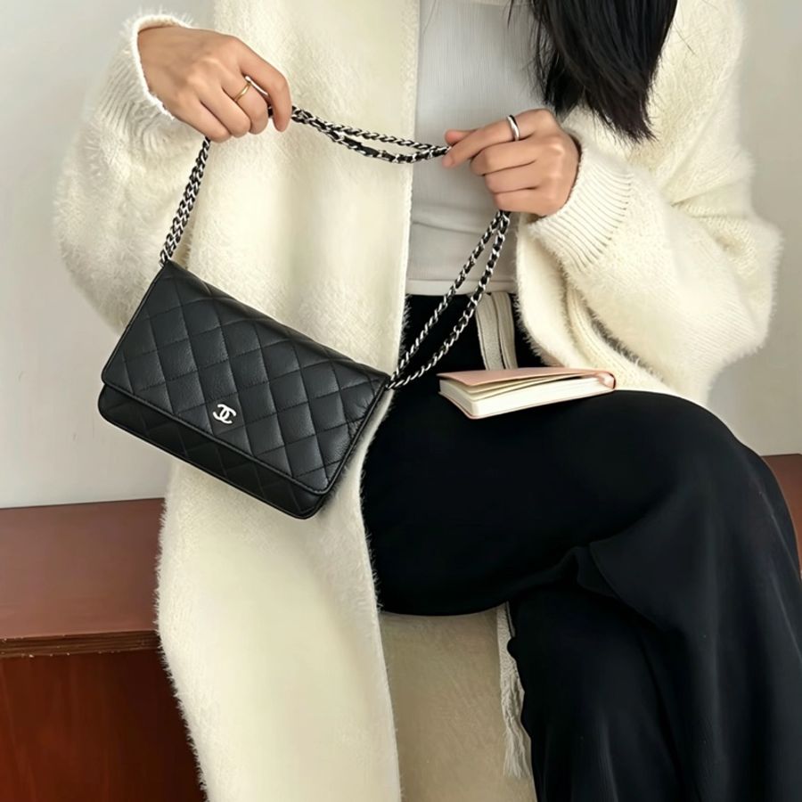 CHANEL香奈兒黑銀荔枝皮WOC發財鏈條包🛵-6