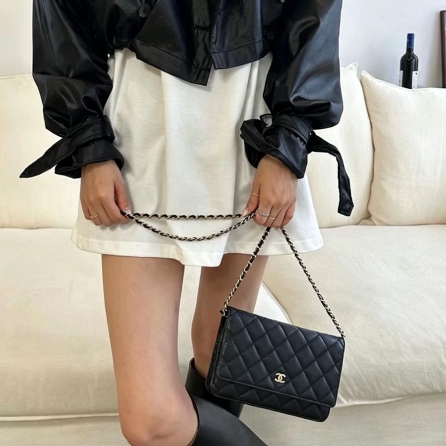 CHANEL香奈兒黑銀荔枝皮WOC發財鏈條包🛵-33