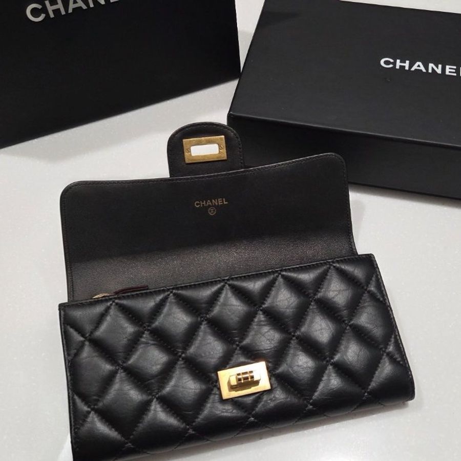 CHANEL香奈兒經典2.55菱格紋小牛皮黑金信封長夾/ 發財包/ 發財長夾-4