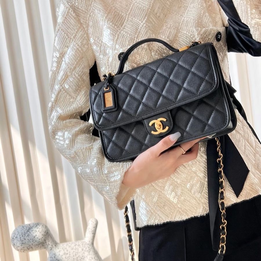 ✨Chanel 22k 黑金荔枝皮郵差包 有購證 99新🖤-0