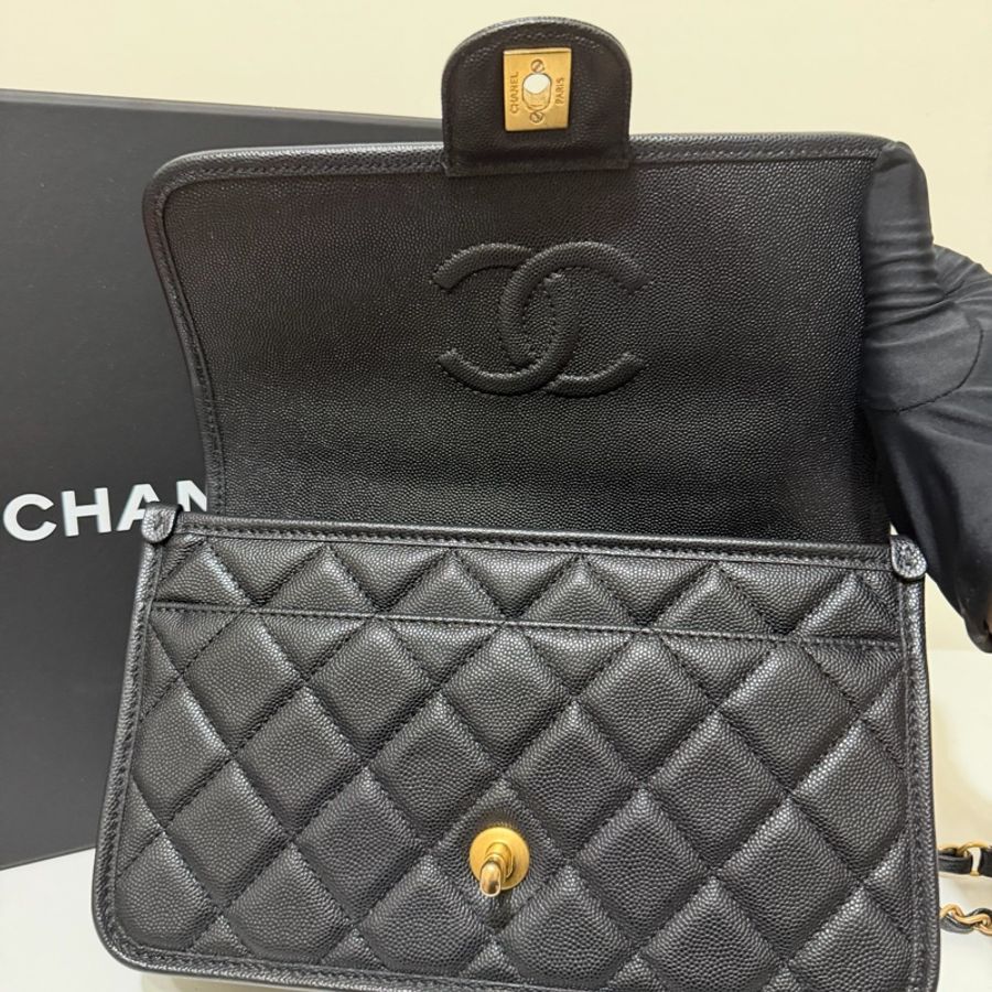 ✨Chanel 22k 黑金荔枝皮郵差包 有購證 99新🖤-10