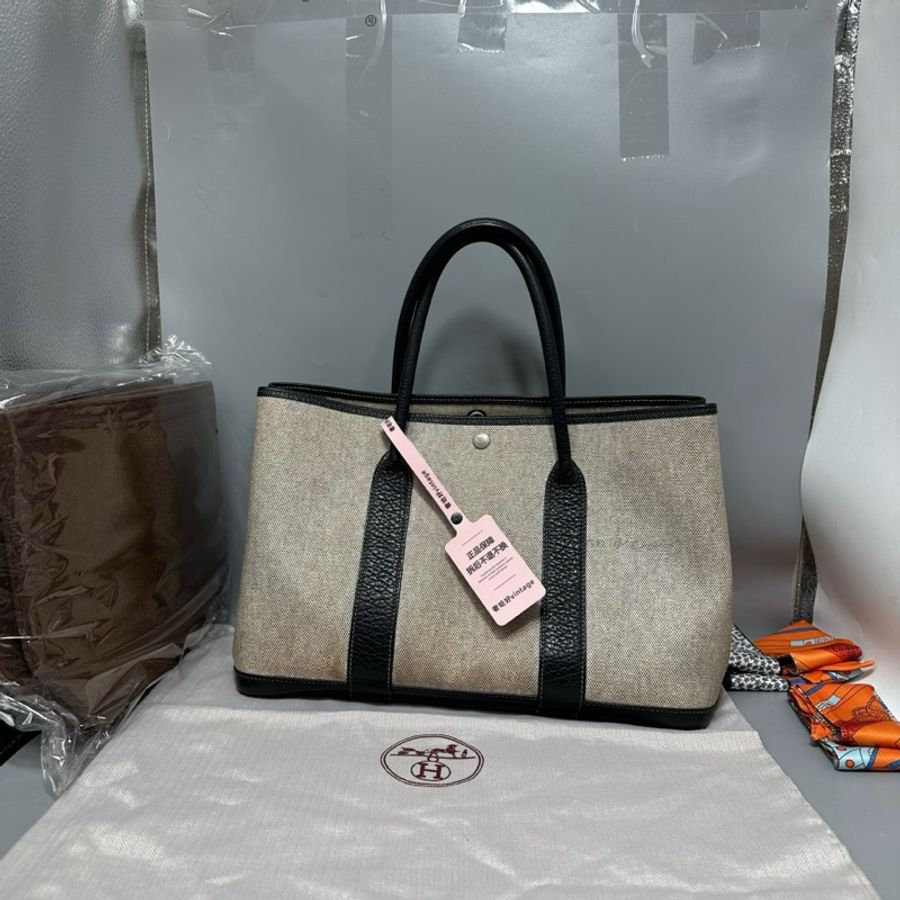 HERMES 框F 黑白熊貓 帆布拼皮 雙面防水塗層GARDEN PARTY #36 含防塵袋 可送一條絲巾-12