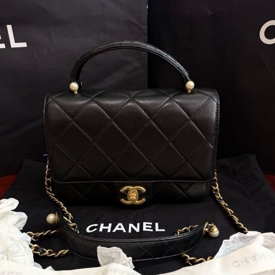 閒置新 香奈兒/Chanel 珍珠手柄CF大mini黑金小羊皮手提鏈條包-0