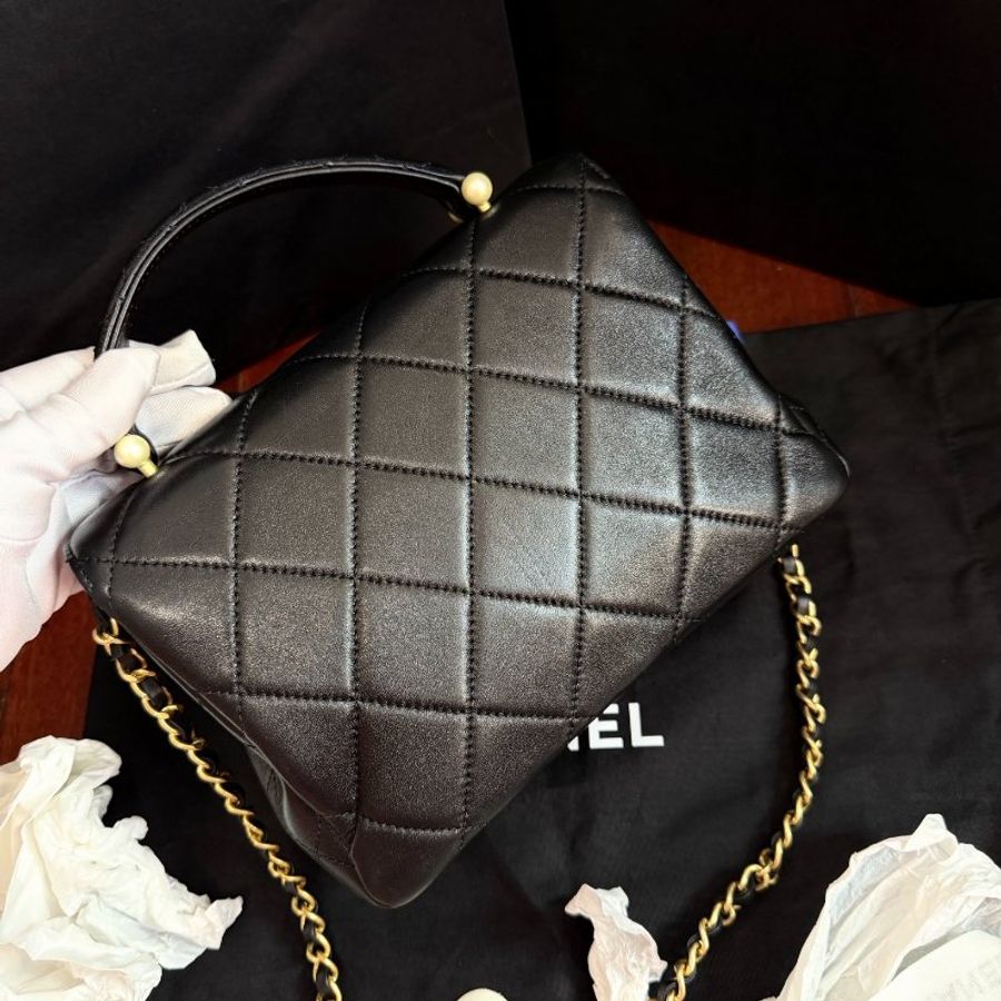 閒置新 香奈兒/Chanel 珍珠手柄CF大mini黑金小羊皮手提鏈條包-6
