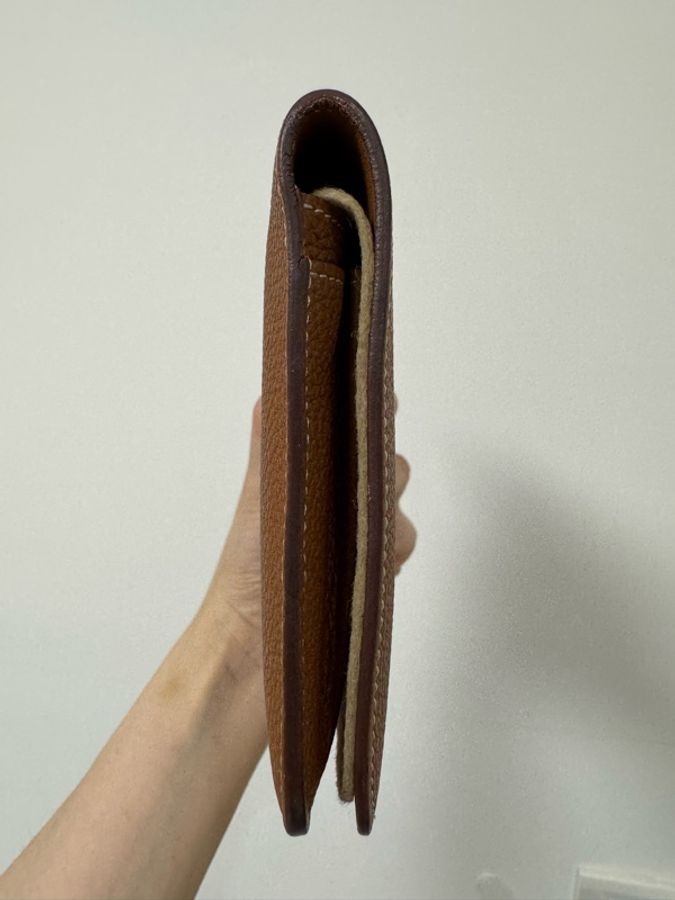 自用划算 9成新 愛馬仕|Hermès Dogon 金棕 Togo 皮長夾/手拿包・銀扣 有盒-2