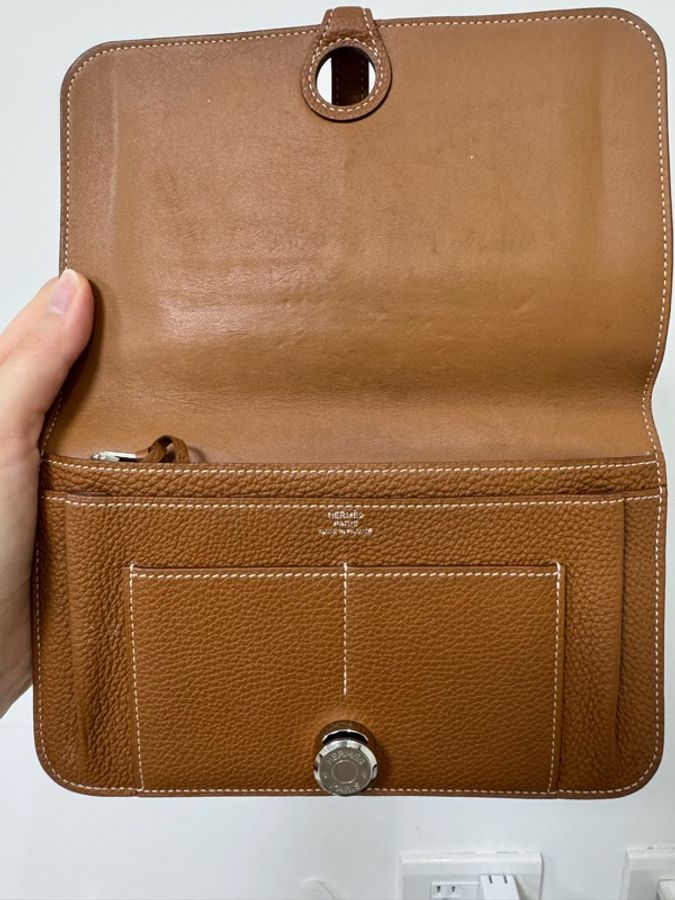自用划算 9成新 愛馬仕|Hermès Dogon 金棕 Togo 皮長夾/手拿包・銀扣 有盒-11