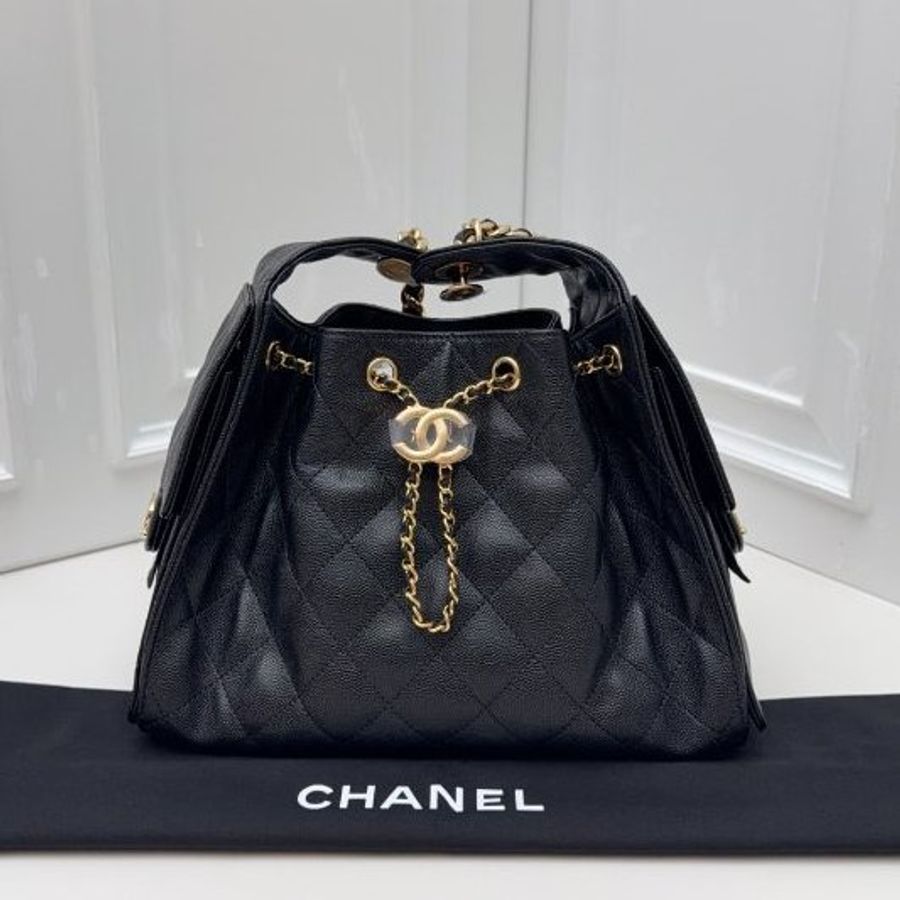 近新品 香奈兒/Chanel 25Bag黑金小號抽繩水桶包 芯片款-0