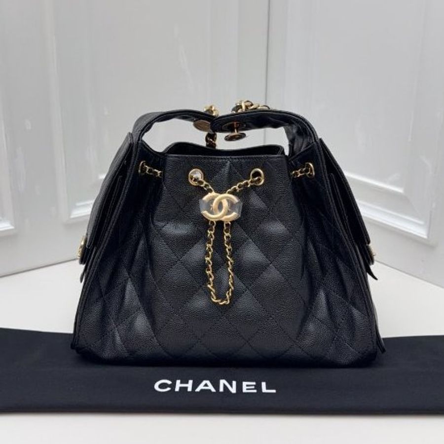 近新品 香奈兒/Chanel 25Bag黑金小號抽繩水桶包 芯片款-5