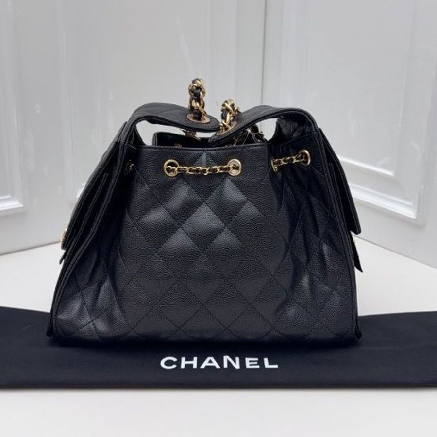 近新品 香奈兒/Chanel 25Bag黑金小號抽繩水桶包 芯片款-6