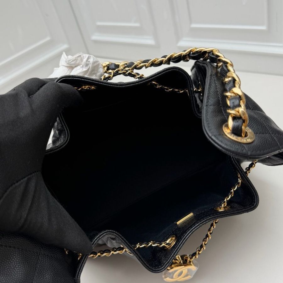 近新品 香奈兒/Chanel 25Bag黑金小號抽繩水桶包 芯片款-8