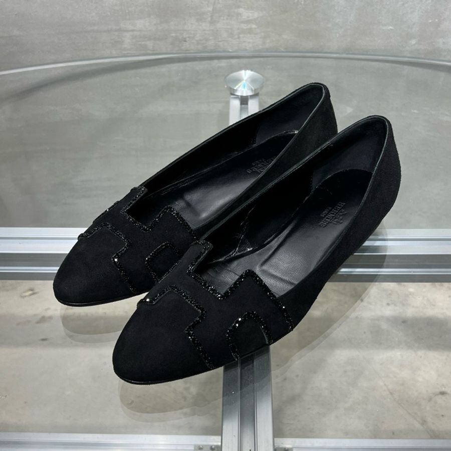 Hermes/愛馬仕 Swan系列 黑色麂皮水晶H 樂福鞋 尺碼/36碼-0