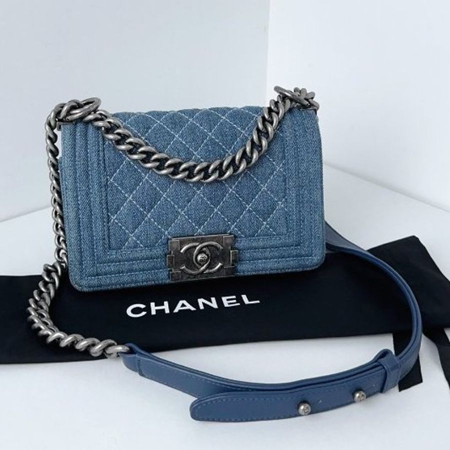 香奈兒/Chanel 牛仔丹寧Leboy銀扣 外縫白線菱格 小号-0