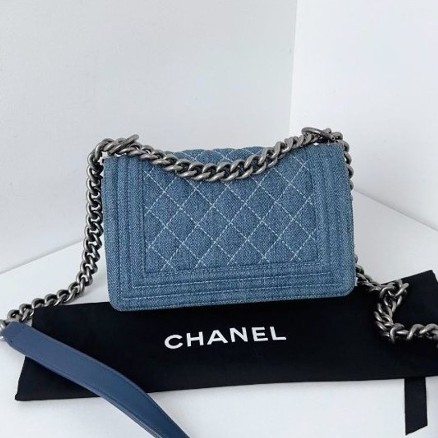 香奈兒/Chanel 牛仔丹寧Leboy銀扣 外縫白線菱格 小号-1