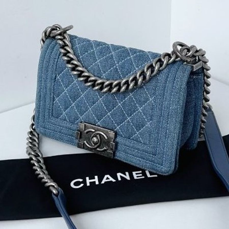 香奈兒/Chanel 牛仔丹寧Leboy銀扣 外縫白線菱格 小号-3