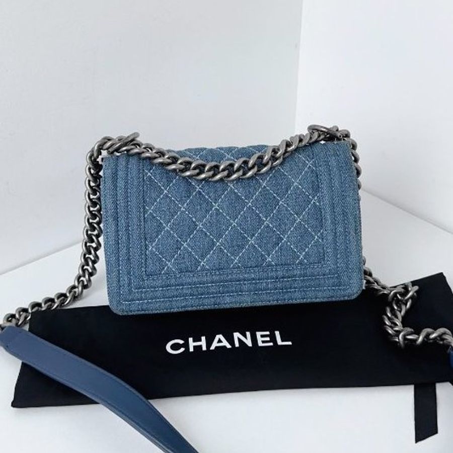 香奈兒/Chanel 牛仔丹寧Leboy銀扣 外縫白線菱格 小号-7