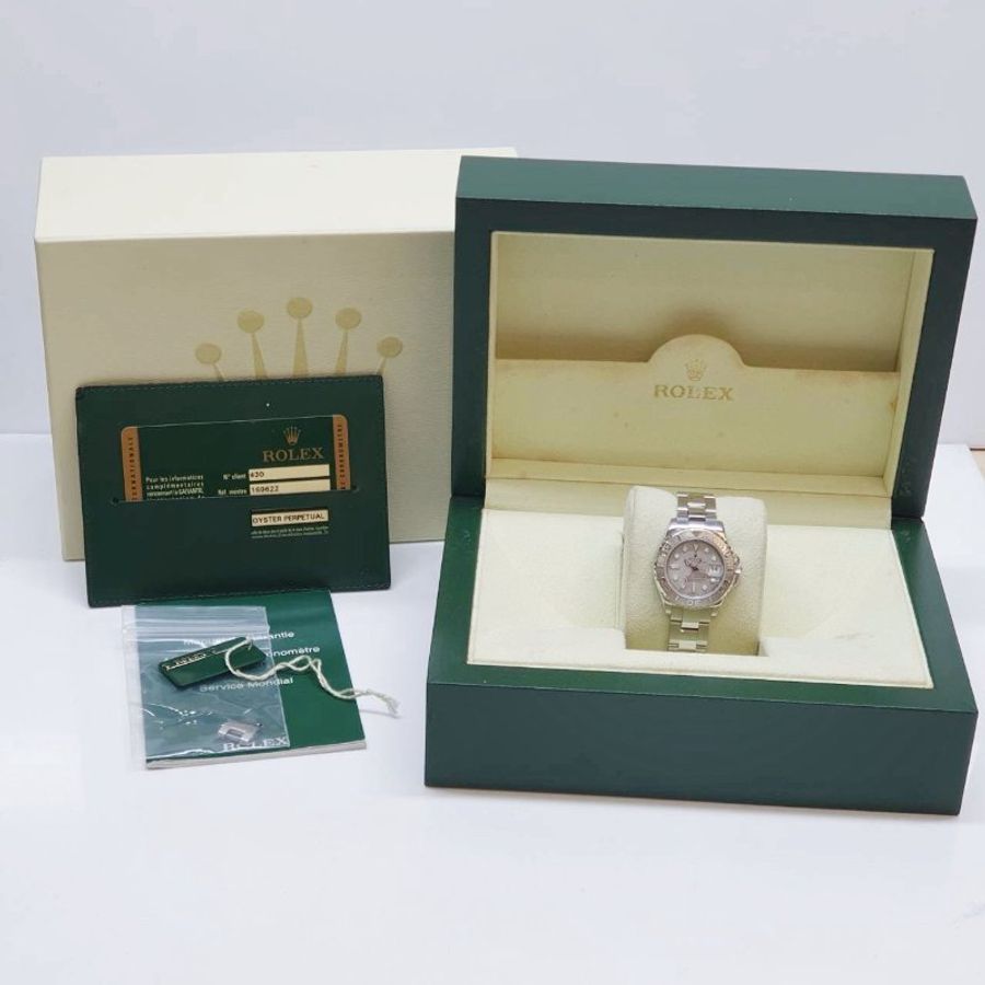 【大眾名錶】Rolex 勞力士169622 Yacht-Master 鉑金小遊艇 2019/12卡 灰面紅針 PT950鉑金噴砂錶圈/面盤 B1403-9