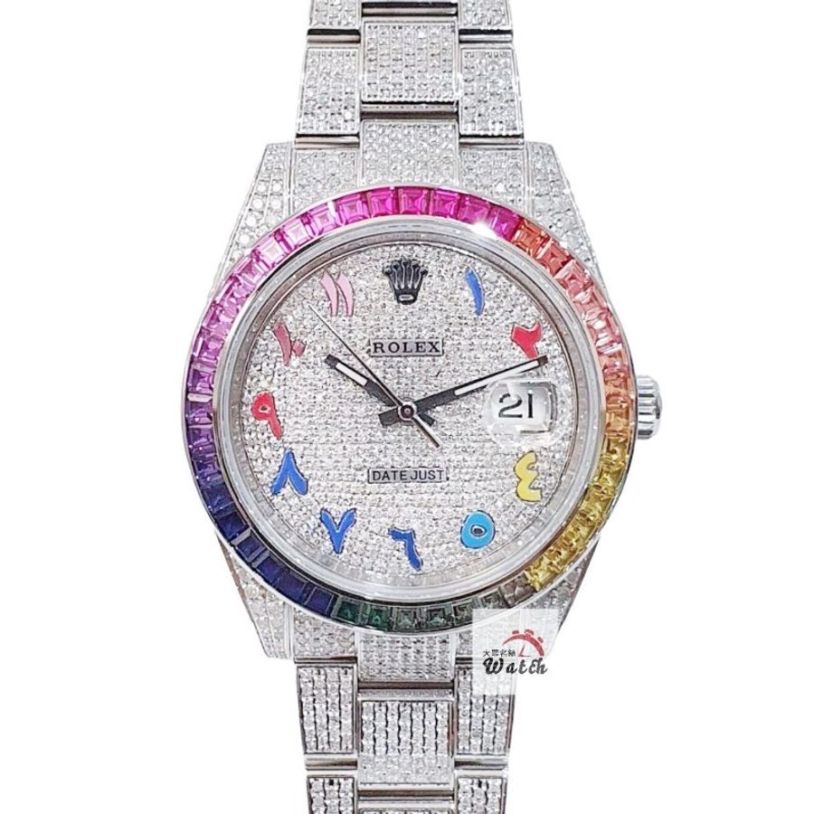【大眾名錶】 Rolex 勞力士126300 Datejust 2025/09後加彩虹鑽圈 精鑲滿天星鑽面 彩虹時標 後加全鑽帶 錶徑41mm B1407-0