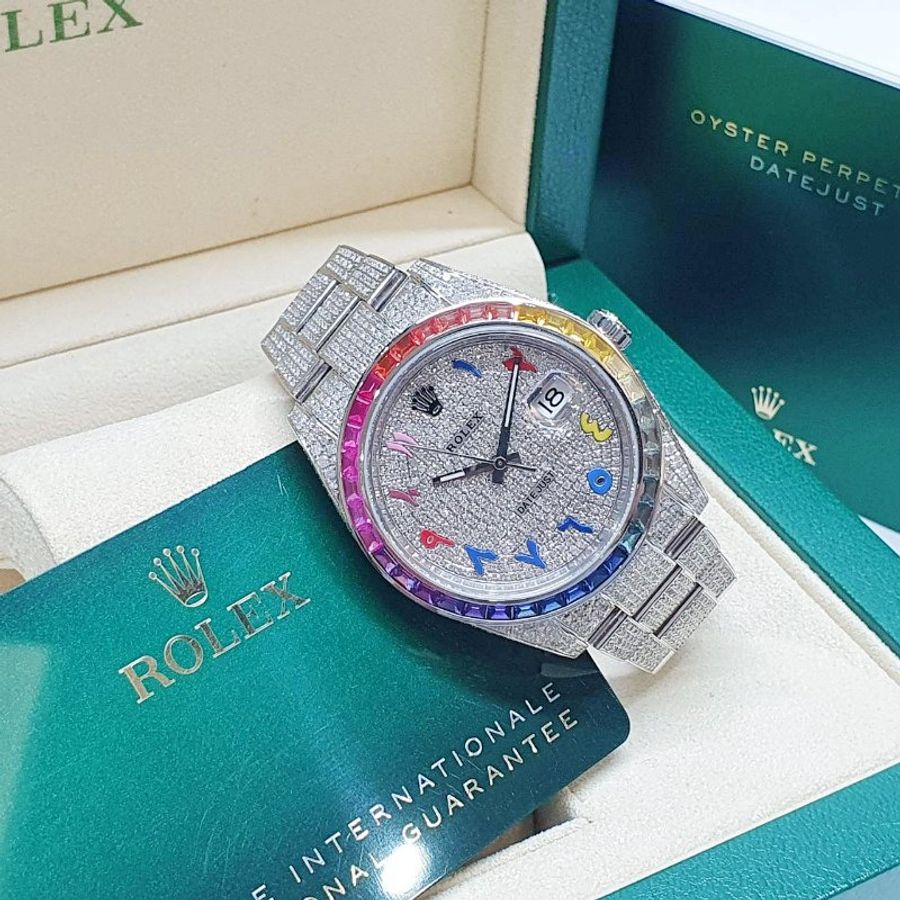 【大眾名錶】 Rolex 勞力士126300 Datejust 2025/09後加彩虹鑽圈 精鑲滿天星鑽面 彩虹時標 後加全鑽帶 錶徑41mm B1407-2