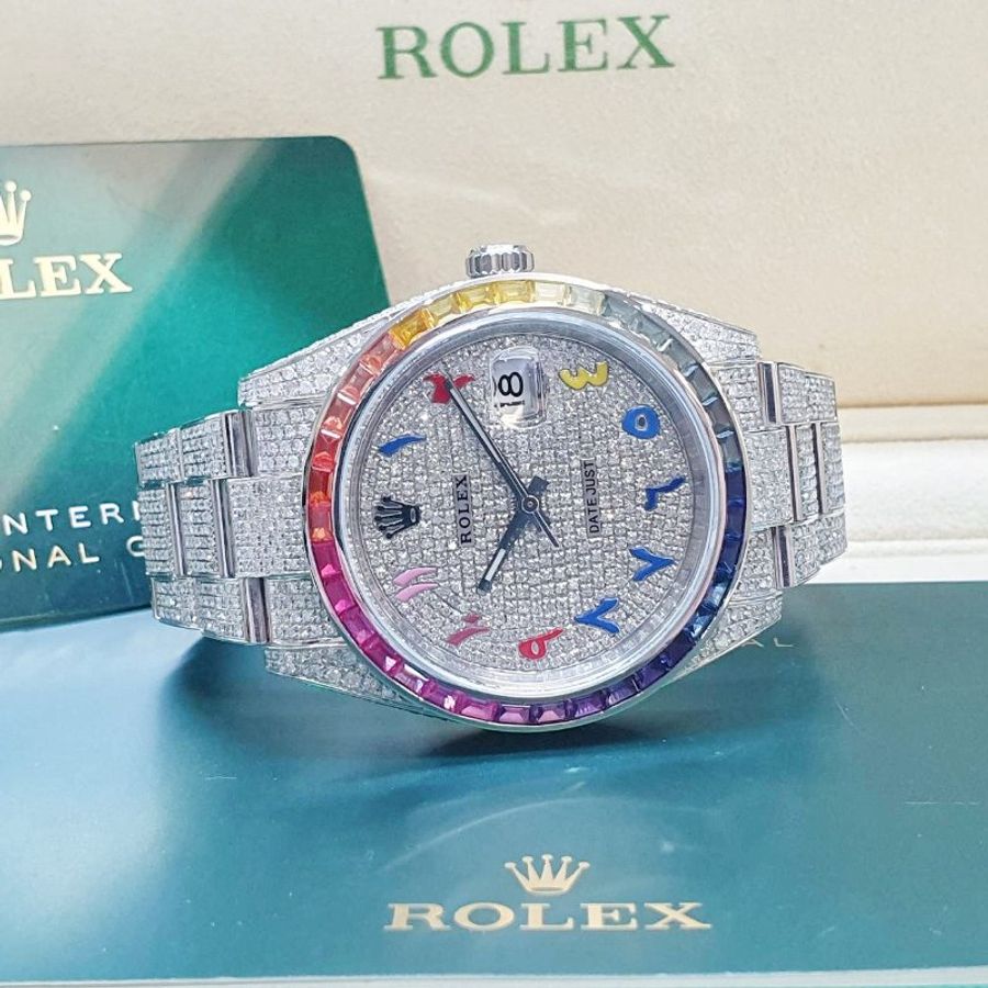 【大眾名錶】 Rolex 勞力士126300 Datejust 2025/09後加彩虹鑽圈 精鑲滿天星鑽面 彩虹時標 後加全鑽帶 錶徑41mm B1407-4