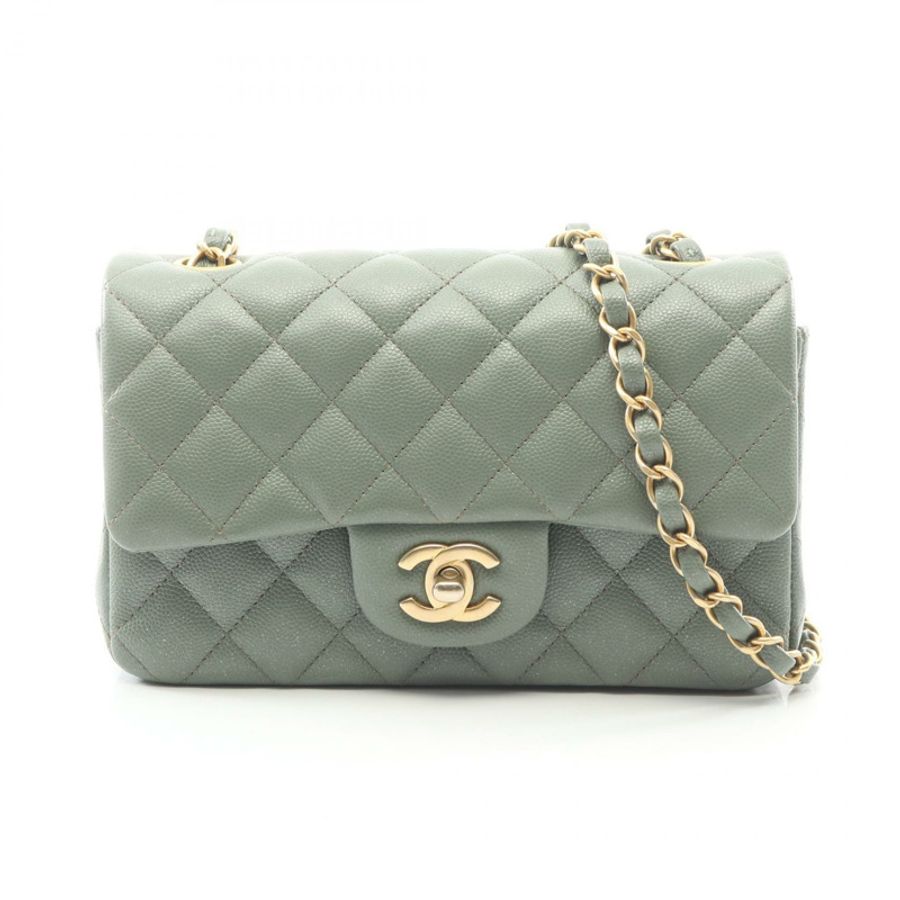 香奈兒 (CHANEL) 迷你絎縫 20 肩背斜背包 A69900 皮革 綠色 二手 金色五金 CC-0