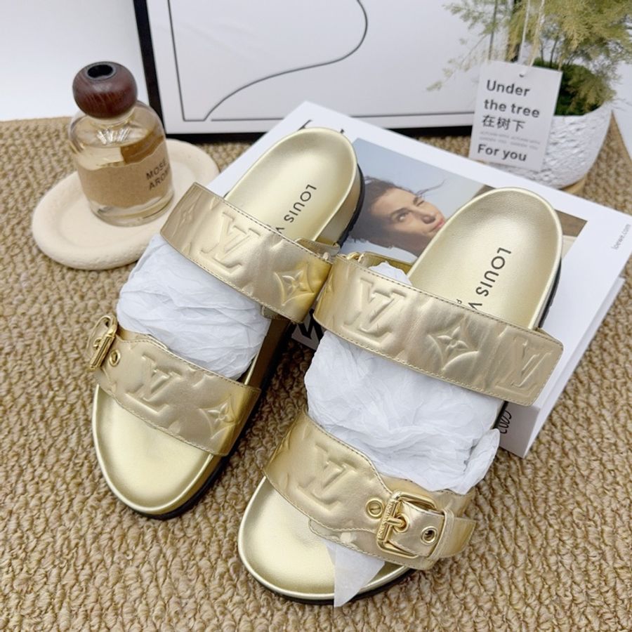 95新/Lv路易威登/36.5碼/金色滿印魔術貼涼鞋-1