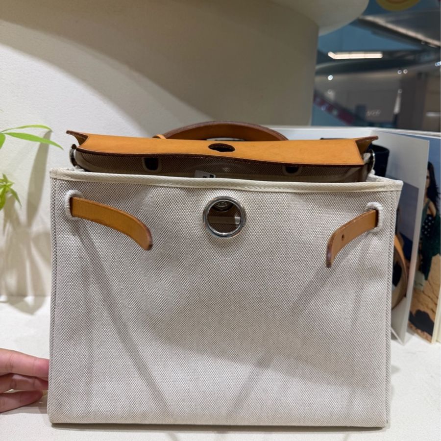 Hermes herbag 31 米白拼棕銀扣 帆布包 斜挎包 帶可替換 黑色子袋 框G刻-5