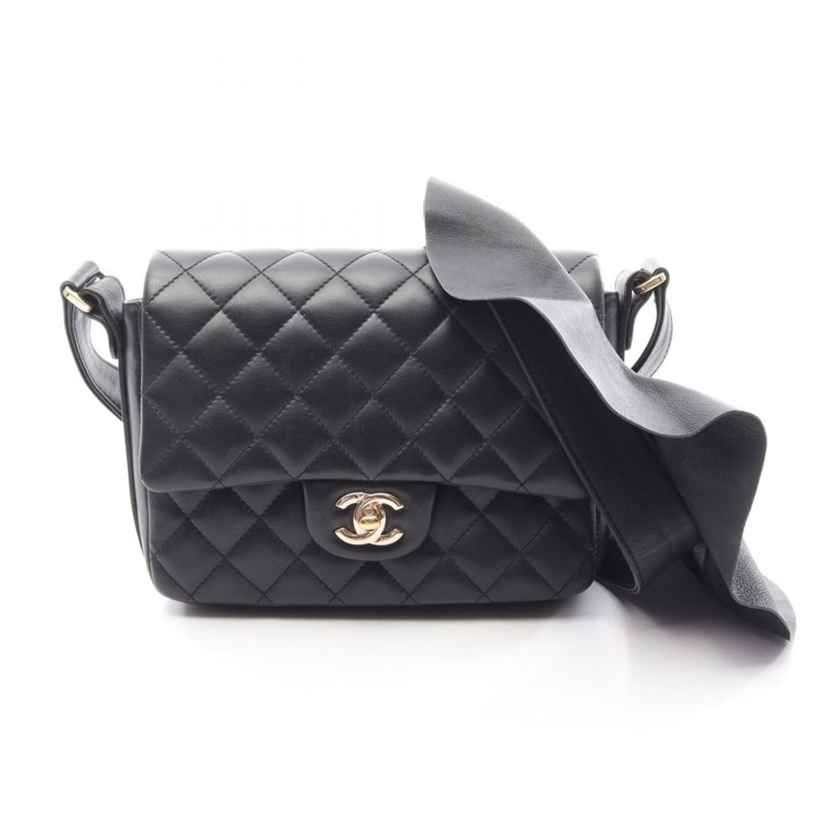 香奈兒 (CHANEL) 絎縫荷葉邊斜背包 AS1737 羊皮黑色金色五金二手 CC-0
