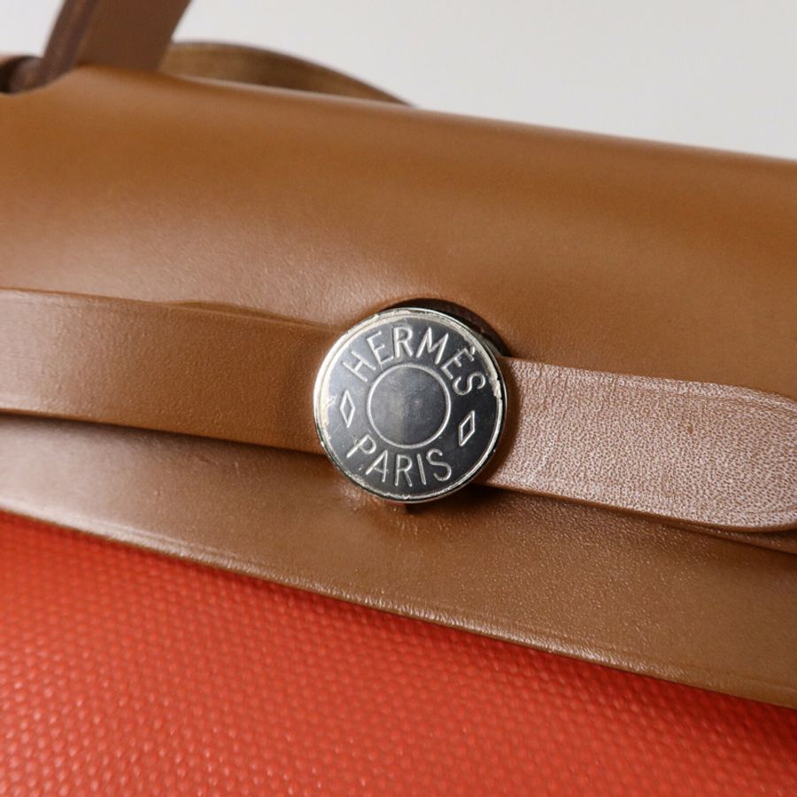 HERMES 帆布Herbag PM手挽肩背兩用袋Orange Mecano/Beige-5