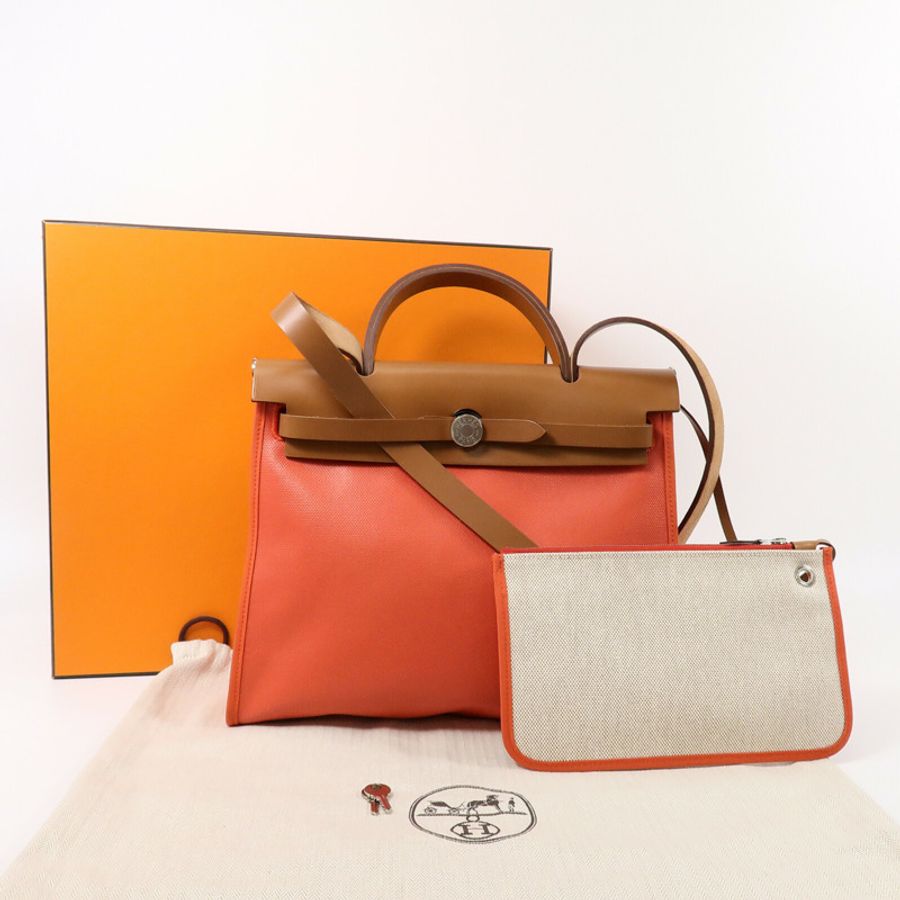 HERMES 帆布Herbag PM手挽肩背兩用袋Orange Mecano/Beige-8