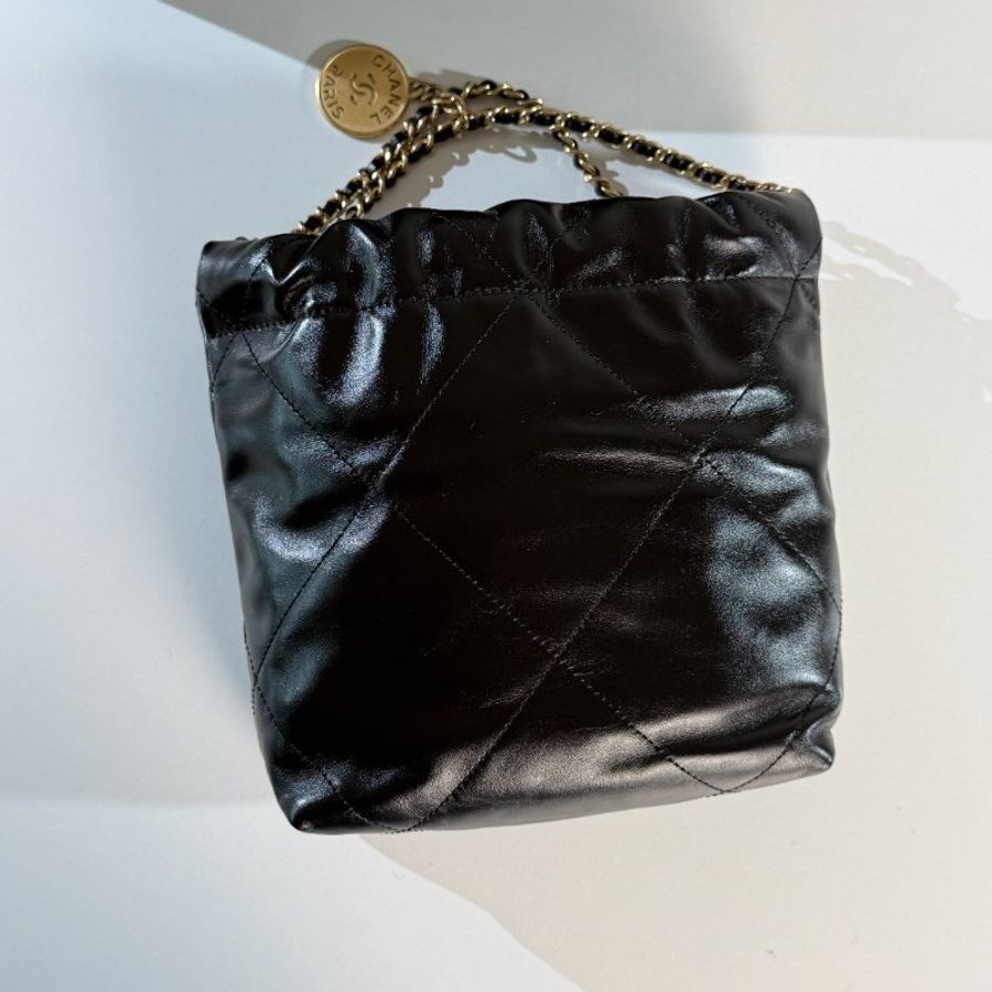 99新(全配)香奈兒 22bag mini 斜背 單肩 手提 黑金 垃圾袋 芯片款-6
