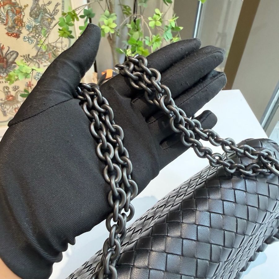 葆蝶家bv 黑色編織全皮鏈條包奧林匹亞小號 有鏡子尺寸25-6
