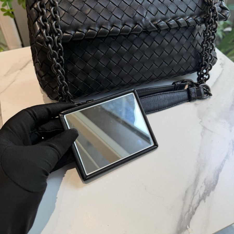 葆蝶家bv 黑色編織全皮鏈條包奧林匹亞小號 有鏡子尺寸25-7