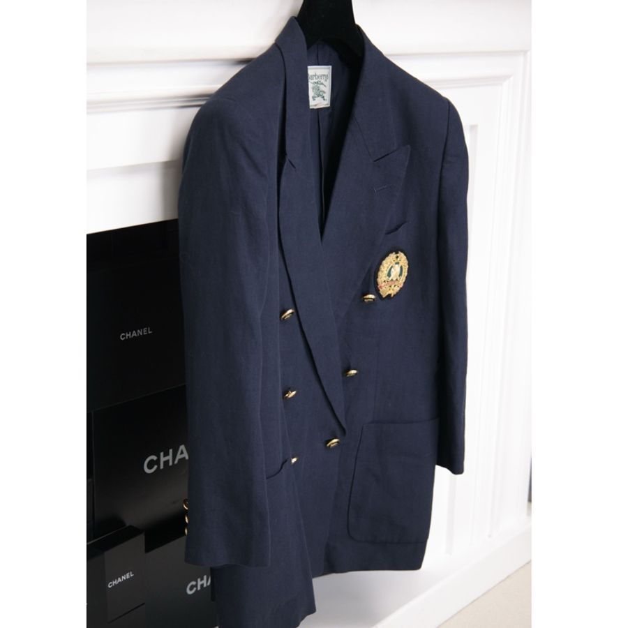 Burberry深蓝色亚麻黑金麦穗徽章双排扣西装上衣外套-4