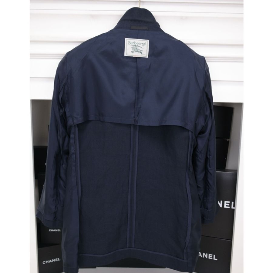 Burberry深蓝色亚麻黑金麦穗徽章双排扣西装上衣外套-8