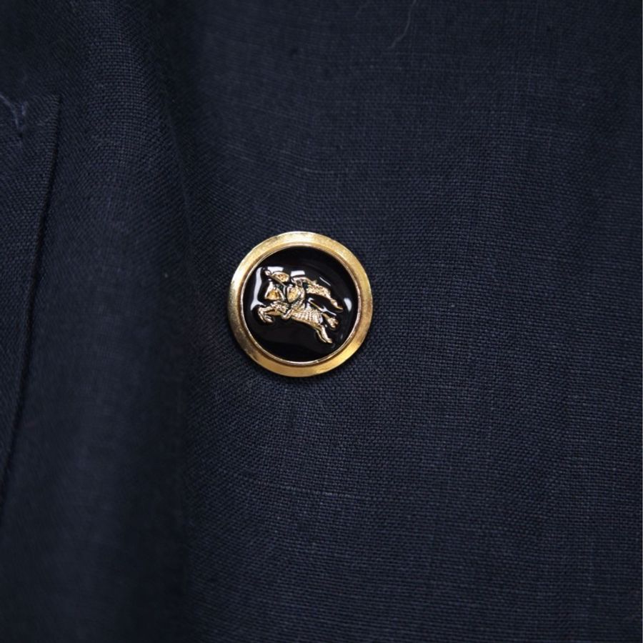 Burberry深蓝色亚麻黑金麦穗徽章双排扣西装上衣外套-27